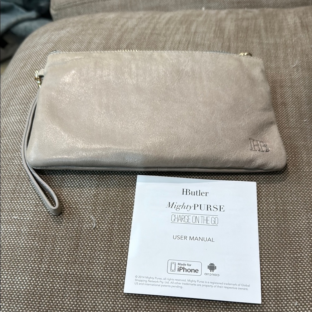 HButler Mighty Purse Taupe Leather w/ micro-USB Charger & Lightening Adapter